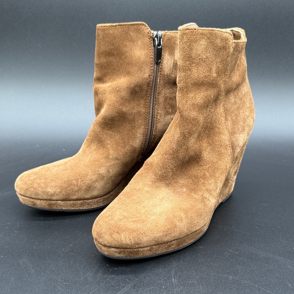 Via Spiga Women's Tan Suede Side Zip Wedge Heel Platform Ankle Boots Size 8